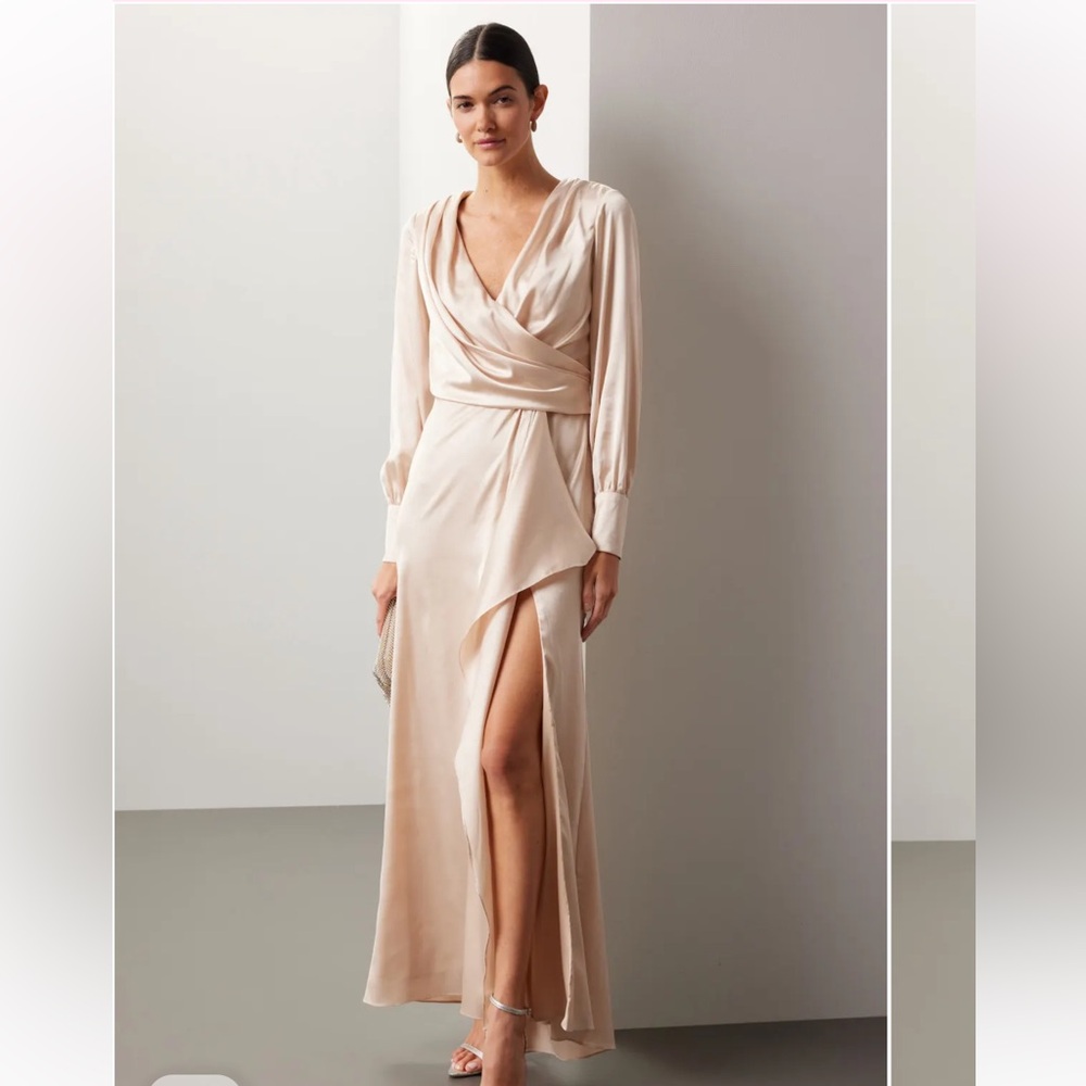 Ieena for Mac Duggal long sleeve champagne gown 12